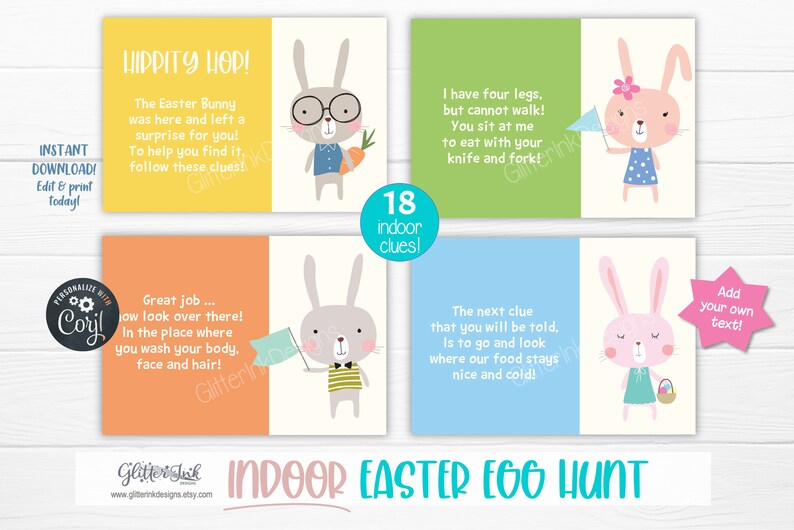 K&ouml;nnte beinhalten: Ein druckbares Ostereierspiel mit bunten Karten mit Cartoon-Hasen und Hinweisen. Die Karten haben eine Vielzahl von Hintergr&uuml;nden, darunter Gelb, Gr&uuml;n, Orange und Blau. Der Text enth&auml;lt "Indoor Easter Egg Hunt" und "Add your own text!"