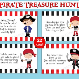 Peut inclure: Un ensemble de 22 indices de chasse au tr&eacute;sor de pirates imprimables mettant en sc&egrave;ne des pirates de dessin anim&eacute; avec des &eacute;p&eacute;es. Les indices sont &eacute;crits en rimes et incluent des expressions comme "Lickity Split!" et "Don't ye fail!"
