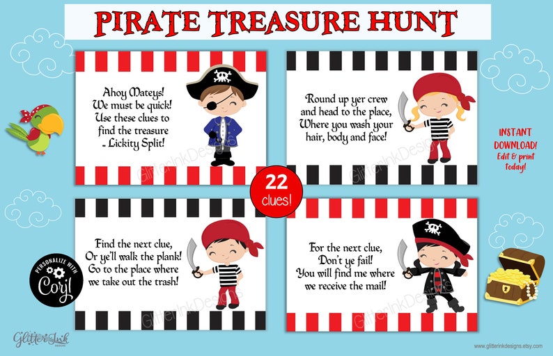 Peut inclure: Un ensemble de 22 indices de chasse au tr&eacute;sor de pirates imprimables mettant en sc&egrave;ne des pirates de dessin anim&eacute; avec des &eacute;p&eacute;es. Les indices sont &eacute;crits en rimes et incluent des expressions comme "Lickity Split!" et "Don't ye fail!"