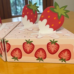 Caja imprimible de rebanadas de pastel de cumpleaños de fresa, obsequios para la primera fiesta de cumpleaños con frutos rojos, cajas de dulces de pastel de fresa