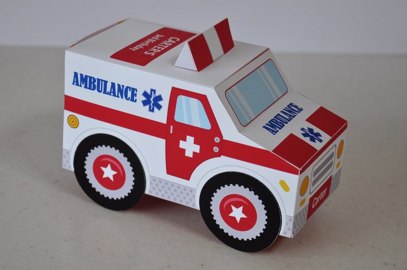 Ambulance party favor box centerpiece decoration, First responders birthday favors cupcake treat boxes, DIY printable paper toy truck image 2