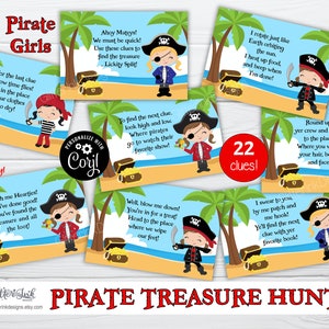 May include: A set of 22 printable pirate treasure hunt clues featuring a cartoon pirate girl with a red bandana and an eye patch. The clues are printed on a blue background with a palm tree and a treasure chest.