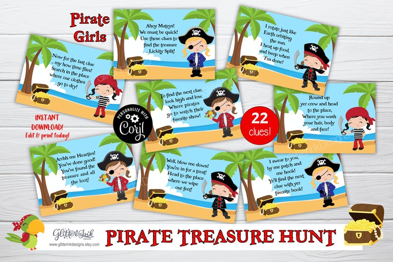 May include: A set of 22 printable pirate treasure hunt clues featuring a cartoon pirate girl with a red bandana and an eye patch. The clues are printed on a blue background with a palm tree and a treasure chest.