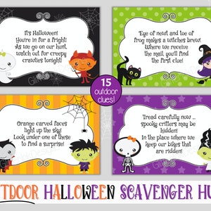 Outdoor Halloween scavenger hunt clue cards / Kids Halloween treasure hunt clues / Printable Halloween party games activity edit with Corjl image 2