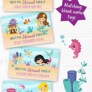 May include: Four printable mermaid name tags with colorful illustrations of mermaids, seashells, and treasure chests. Each tag has the text "Hello! My Mermaid name is:" followed by a blank space for a name.