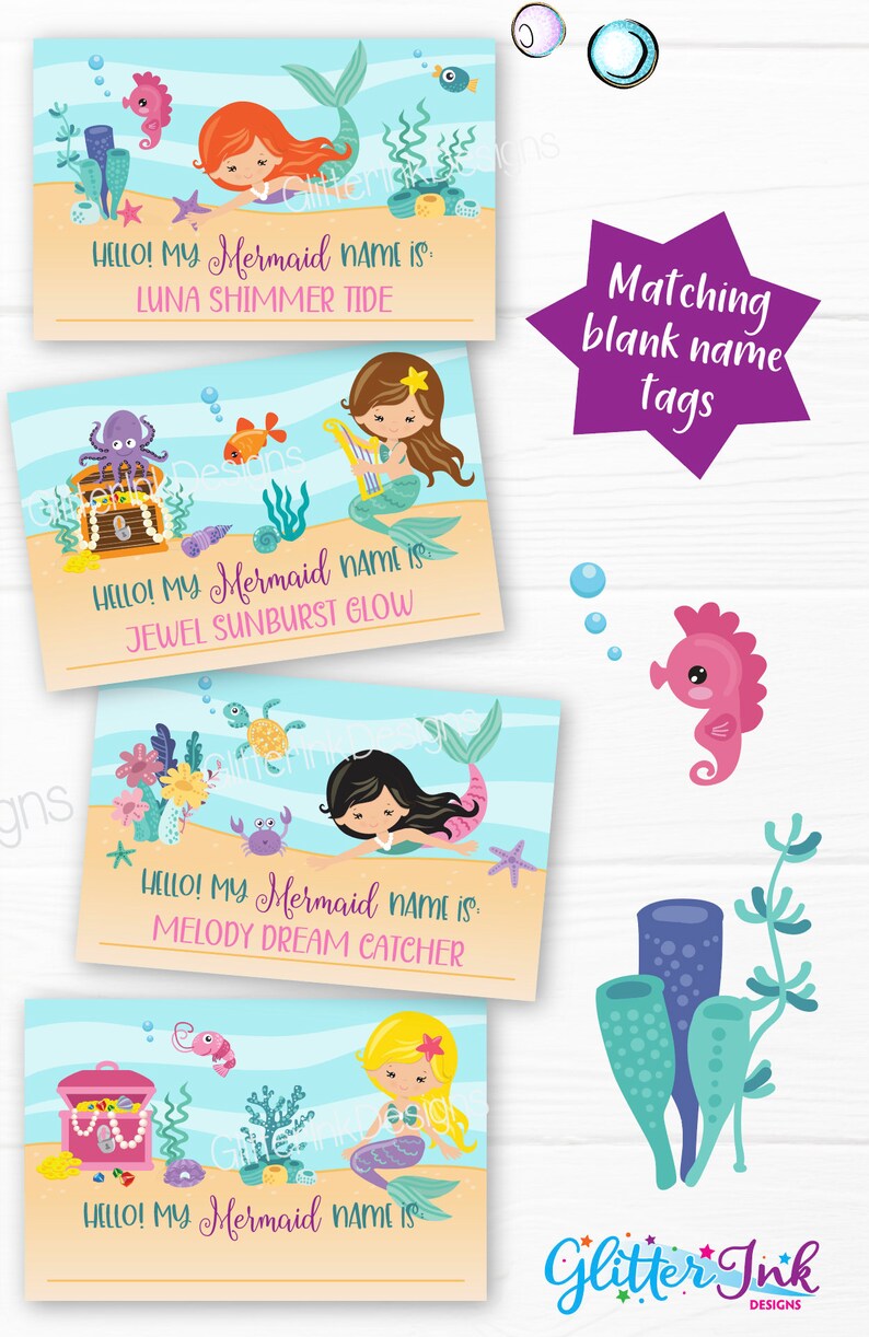 May include: Four printable mermaid name tags with colorful illustrations of mermaids, seashells, and treasure chests. Each tag has the text "Hello! My Mermaid name is:" followed by a blank space for a name.
