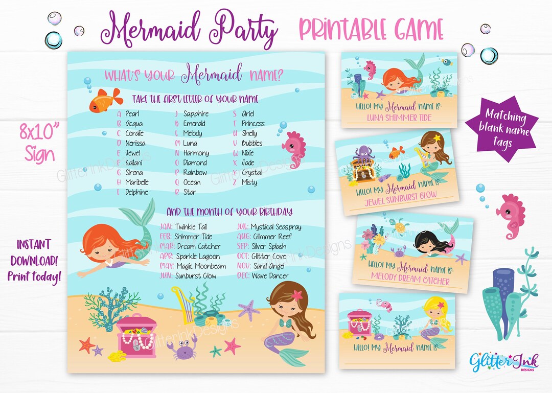 What's Your Mermaid Name Party Game, Mermaid Party Printable Name Tags