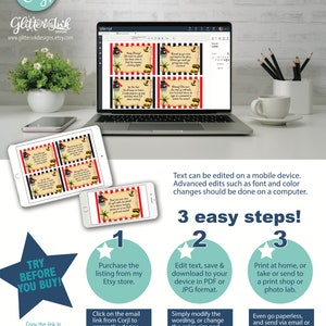 May include: A computer screen displaying a printable pirate-themed party favour with the text "Find the map, we're going on a treasure hunt!"  The text "Edit, Download and Print Today with Corjl on-line tool - no app download required!" is displayed at the top of the image.  The text "TRY BEFORE YOU BUY!" is displayed in a red star shape.  The text "3 easy steps!" is displayed in a blue star shape.  The text "File can be edited with Corjl on-line application only! NOT COMPATIBLE WITH VISTA PRINT. FOR PERSONAL USE ONLY - it is strictly prohibited to copy, share or sell the file, the design elements or printed items." is displayed at the bottom of the image.