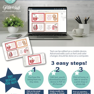 Pode incluir: O ecr&atilde; de um computador port&aacute;til mostra uma plataforma de design digital com um design de inverno festivo. O texto no ecr&atilde; diz "Edit, Download and Print Today with Corjl on-line tool - no app download required!" A imagem tamb&eacute;m inclui uma estrela vermelha com o texto "Try Before You Buy!" e tr&ecirc;s passos para editar e imprimir o design.
