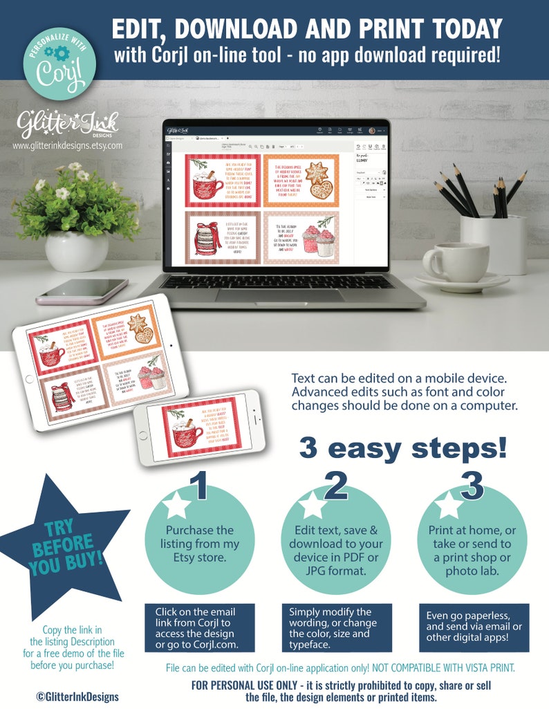 Pode incluir: O ecr&atilde; de um computador port&aacute;til mostra uma plataforma de design digital com um design de inverno festivo. O texto no ecr&atilde; diz "Edit, Download and Print Today with Corjl on-line tool - no app download required!" A imagem tamb&eacute;m inclui uma estrela vermelha com o texto "Try Before You Buy!" e tr&ecirc;s passos para editar e imprimir o design.