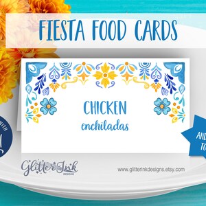 Cartes tente de nourriture à imprimer pour fête de fiesta mexicaine, étiquettes de nourriture pour carrelage mexicain fiesta nuptiale de douche bébé anniversaire cartes de table de buffet de mariage