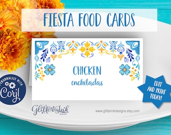 Mexican fiesta party printables food tent cards, Mexican tile food labels fiesta bridal shower baby birthday wedding buffet table cards