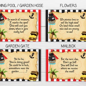 May include: Printable pirate treasure hunt clues for a children's party. The clues are printed on a parchment-like background with a pirate ship, palm tree, and treasure chest. The clues are for the swimming pool, garden hose, flowers, garden gate, and mailbox.