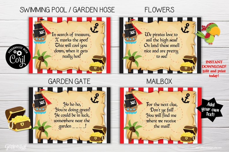 May include: Printable pirate treasure hunt clues for a children's party. The clues are printed on a parchment-like background with a pirate ship, palm tree, and treasure chest. The clues are for the swimming pool, garden hose, flowers, garden gate, and mailbox.