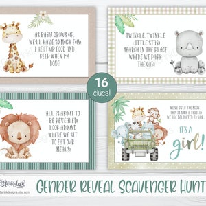 Gender reveal scavenger hunt clue cards for baby shower party games, Jungle treasure hunt printable clues image 3