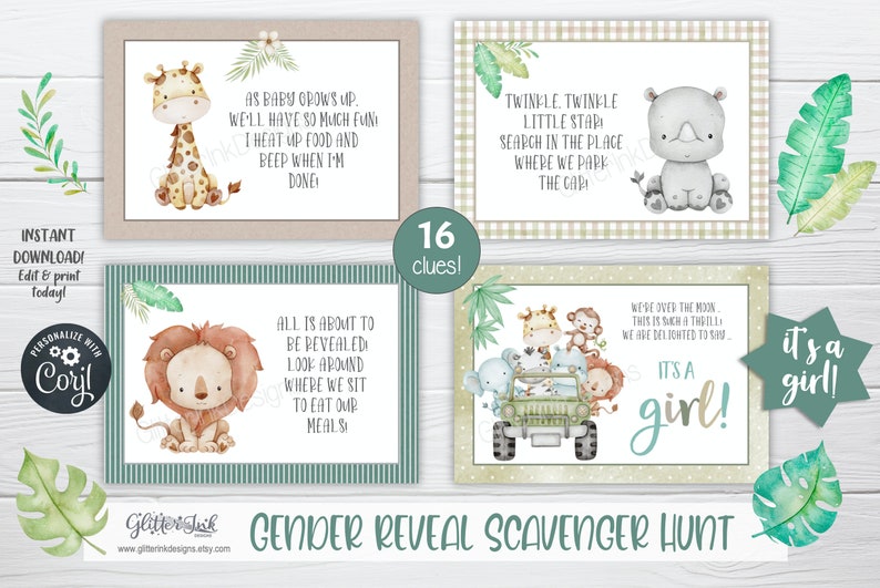 Gender reveal scavenger hunt clue cards for baby shower party games, Jungle treasure hunt printable clues image 3