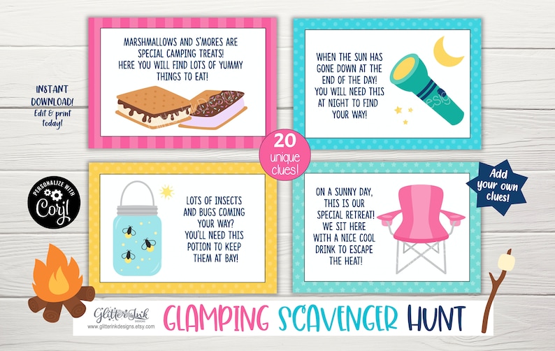 May include: A set of 20 printable cards for a glamping scavenger hunt. The cards are yellow, pink, and blue with illustrations of s'mores, a torch, a jar of fireflies, and a camping chair. The text on the cards includes phrases like "Lots of insects and bugs coming your way?" and "When the sun has gone down at the end of the day!"