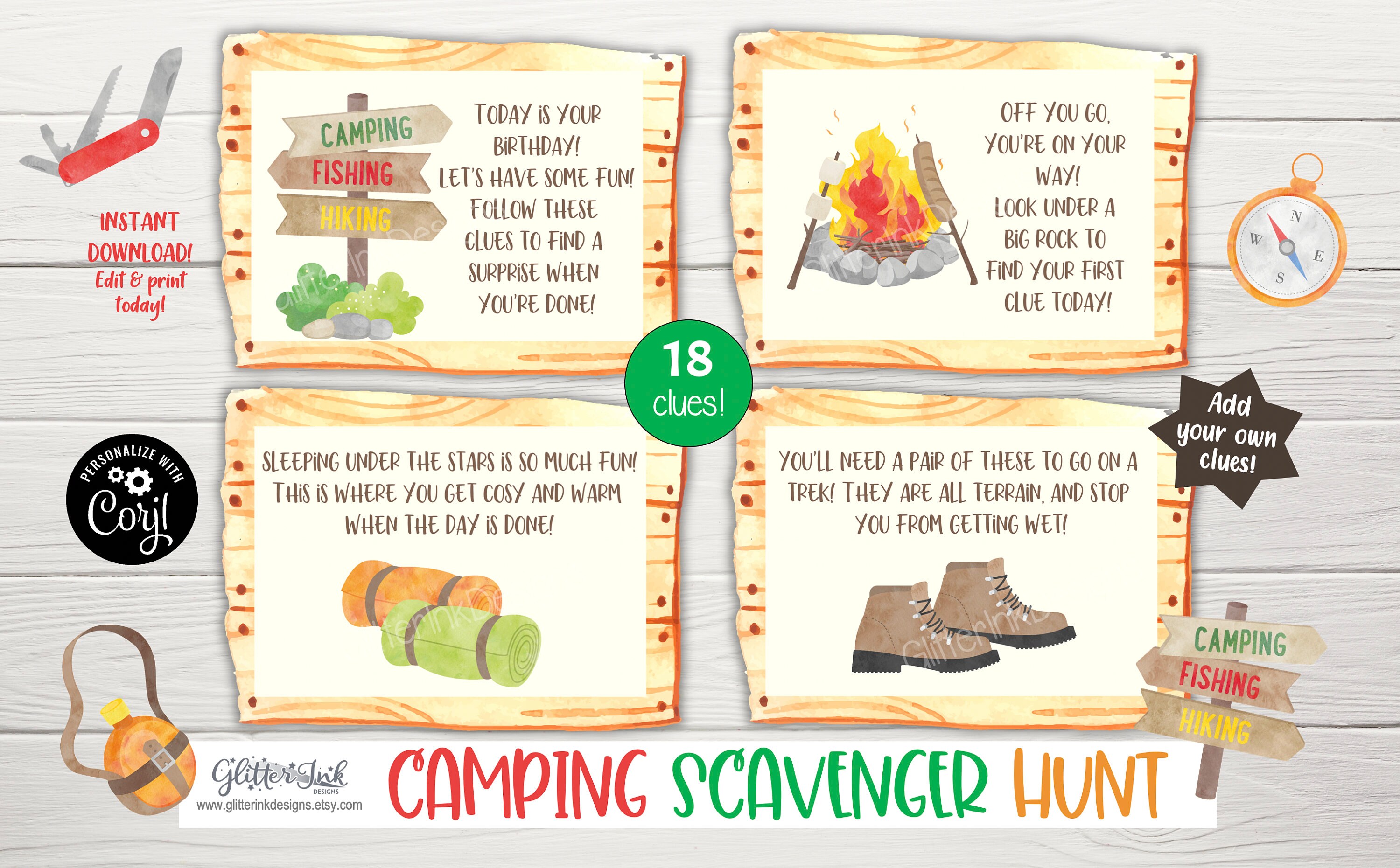 Camping Scavenger Hunt Printable Clue Cards, Campground Outdoor Kids ...