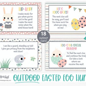 May include: Printable Easter egg hunt clues with colorful illustrations of a bunny, a bird, and a chick. The clues are printed on white cardstock with a polka dot pattern. The text on the cards reads: "HIP-HOP! I make music for you when you're out in the yard! I make the most noise when the wind blows hard!"  "LET'S EGGS-ERCISE! The next clue will be easy, you'll see! You have such fun when you play on me!"  "I am like a guard, standing up tall! I give you privacy from the neighbors next door!"  "166-STDA SPECIAL DELIVERY! To find the next clue and continue the trail, Go take a look where we receive the mail!"
