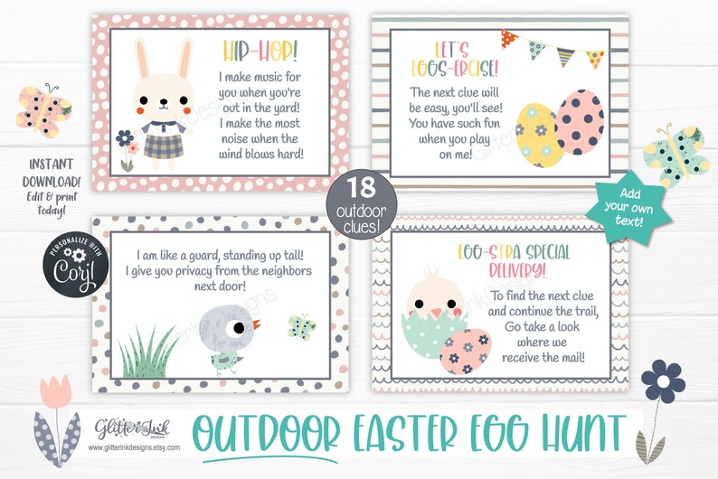 May include: Printable Easter egg hunt clues with colorful illustrations of a bunny, a bird, and a chick. The clues are printed on white cardstock with a polka dot pattern. The text on the cards reads: "HIP-HOP! I make music for you when you're out in the yard! I make the most noise when the wind blows hard!"  "LET'S EGGS-ERCISE! The next clue will be easy, you'll see! You have such fun when you play on me!"  "I am like a guard, standing up tall! I give you privacy from the neighbors next door!"  "166-STDA SPECIAL DELIVERY! To find the next clue and continue the trail, Go take a look where we receive the mail!"
