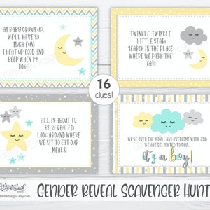 May include: A gender reveal scavenger hunt game with 16 clues. The clues are printed on cards with a yellow, gray, and blue color scheme. The cards feature illustrations of stars, clouds, and moons.
