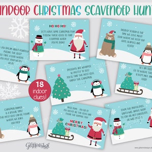 Karty z podpowiedziami do gry w poszukiwanie skarbów w domu, karty z podpowiedziami do gry w poszukiwanie skarbów Secret Santa do wydrukowania dla dzieci i gry na przyjęcia rodzinne