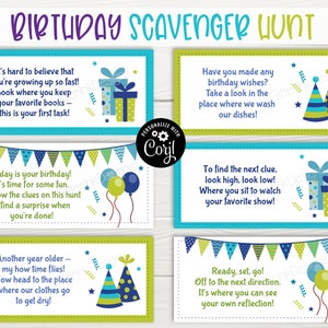 May include: A printable birthday scavenger hunt with 17 clues. The clues are written on colorful cards with blue, green, and yellow accents. Each card features a different illustration, including birthday hats, presents, and balloons.