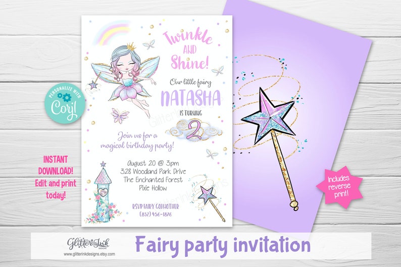 May include: A purple and white fairy party invitation with a glitter wand and a fairy illustration. The invitation says "Twinkle and Shine! Our little fairy Natasha is turning 2".