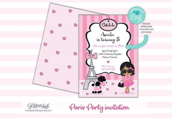 Paris party invitation / Eiffel Tower pink poodle printable invitation / Paris birthday party digital invitation / Paris baby shower invite Il_570xn