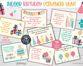 Indoor Birthday party printable scavenger hunt clue cards for kids, Inside party games treasure hunt clues