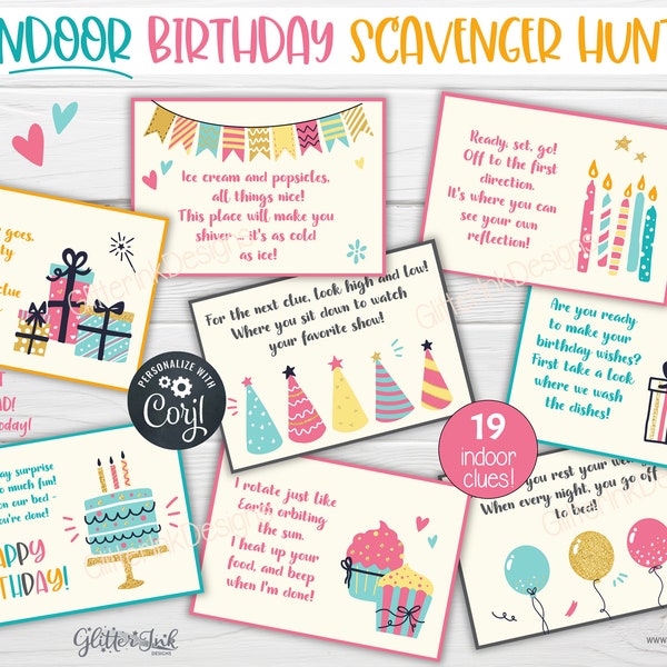 Indoor Birthday scavenger hunt / Kids treasure hunt clues / Birthday party printable scavenger hunt clue cards for inside party games