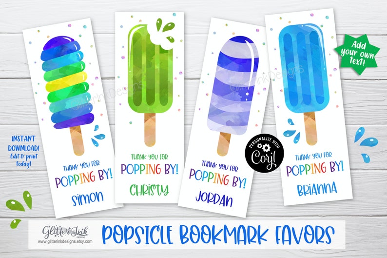 Popsicle birthday bookmark favors / Popsicle party favors / Printable bookmarks / Popsicle favor tags / Ice cream party thank you cards image 1