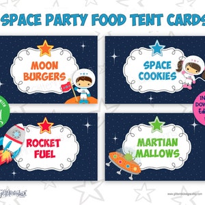 Cartes de tente de fête d'astronaute / Étiquettes imprimables de fête de l'espace / Cartes de table de buffet de fête de l'espace / Étiquettes de pot de bonbons de fête de fusée