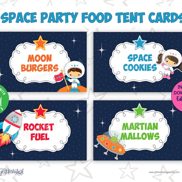 Astronaut party food tent cards / Space party printable labels / Outer space party buffet table cards / Rocket party candy jar labels