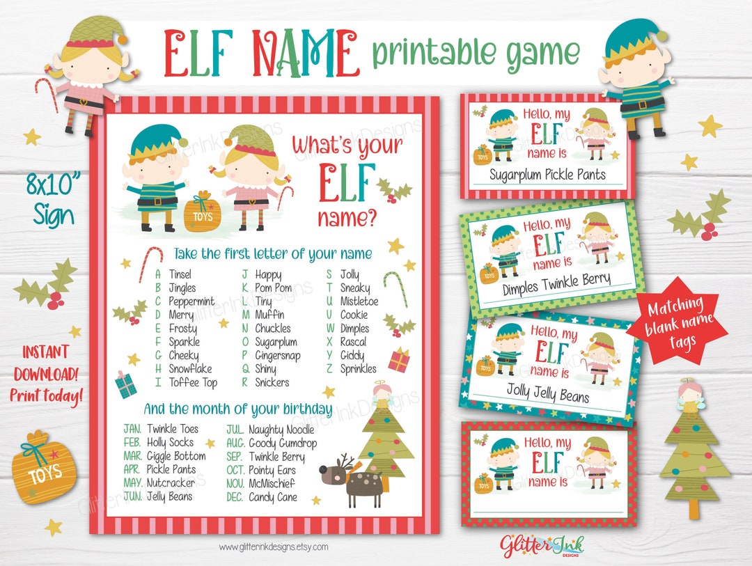 What's Your Elf Name Game / Elf Printable Sign, Name Tags & Name Cards ...