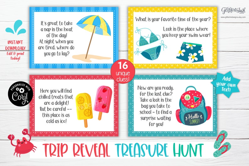 May include: A set of 16 colorful cards with clues for a summer-themed treasure hunt. The cards feature illustrations of a beach umbrella, popsicles, swimsuits, and a backpack. The text on the cards includes phrases like "It's great to take a nap in the heat of the day!" and "What is your favorite time of the year?"