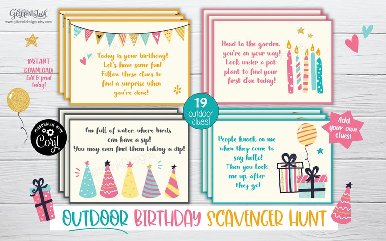 Outdoor Birthday scavenger hunt / Kids treasure hunt clues / Birthday party printable scavenger hunt clue cards for outside party games image 2