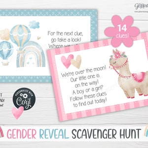Geschlecht enthüllen Schatzsuche Hinweiskarten für Babyparty-Partyspiele, druckbare Schatzsuche-Hinweise für Lama Bild 6