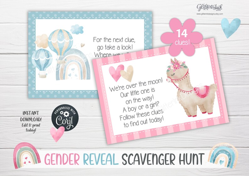 Geschlecht enthüllen Schatzsuche Hinweiskarten für Babyparty-Partyspiele, druckbare Schatzsuche-Hinweise für Lama Bild 6