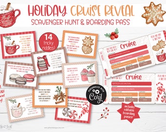 Christmas surprise cruise trip reveal scavenger hunt boarding pass for teens, adults, older kids / Treasure hunt clues difficult riddles