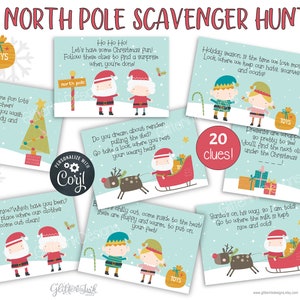 Cartes-indices imprimables pour la chasse au trésor de Noël, indices de chasse au trésor modifiables pour le père Noël et la mère de famille, jeu de lutins de Noël assistants du père Noël pour enfants