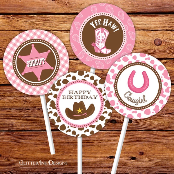 Pink cowgirl party cupcake toppers and wrappers / Wild West printable favor bag tags and Sheriff badge