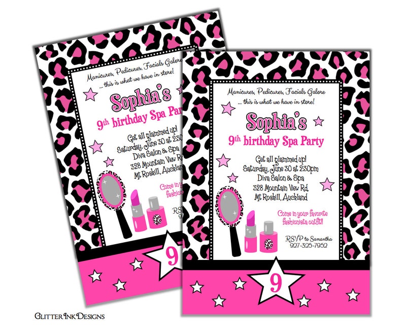 Może przedstawiać: R&oacute;żowe i czarne zaproszenie w panterkę z r&oacute;żową gwiazdą i tekstem "Sophia's 9th birthday Spa Party". Zaproszenie zawiera informacje o imprezie, w tym datę, godzinę, miejsce i dane kontaktowe do RSVP.