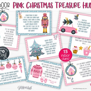 Cartões de dicas de caça ao tesouro de Natal rosa para ambientes internos com canções de natal, dicas de caça ao tesouro para impressão para crianças e jogos de festa em família