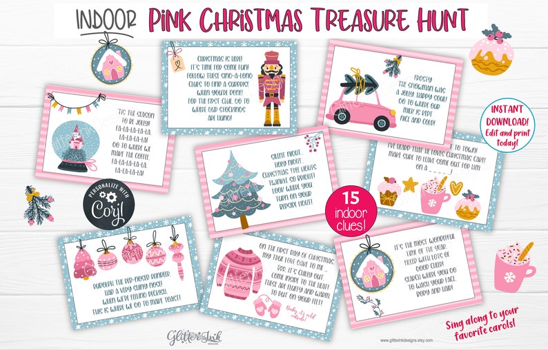 May include: Pink and blue Christmas treasure hunt game with 15 indoor clues. The cards feature illustrations of Christmas trees, ornaments, a gingerbread house, a nutcracker, a pink car, and a snowman. The text on the cards includes rhymes and clues for the treasure hunt.