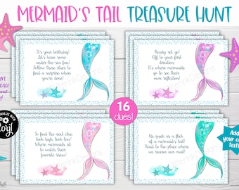 Under the Sea Mermaid birthday scavenger hunt clues, Printable watercolor mermaid tails treasure hunt party game for kids
