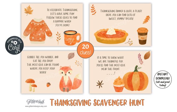 Thanksgiving scavenger hunt clue cards / Thanksgiving treasure hunt clues / Printable Thanksgiving games for kids Il_570xn