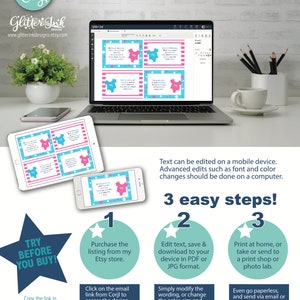 May include: A computer screen displaying a website with a pink and blue baby shower design. The text on the screen reads "Edit text, save & download to your device in PDF or JPG format." The image also includes instructions on how to purchase and edit the design.