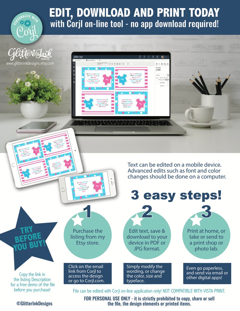 May include: A computer screen displaying a website with a pink and blue baby shower design. The text on the screen reads "Edit text, save & download to your device in PDF or JPG format." The image also includes instructions on how to purchase and edit the design.