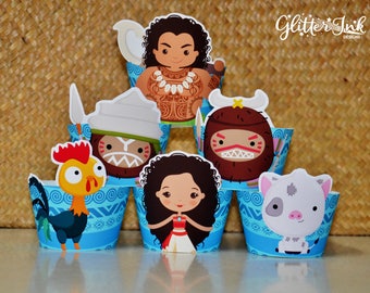 Envoltorios de cupcakes de fiesta de Moana / Favores de fiesta de Moana / Imprimibles de fiesta de cumpleaños de Moana / Decoraciones de Moana Heihei Maui Kakamora / Moana Hawaii